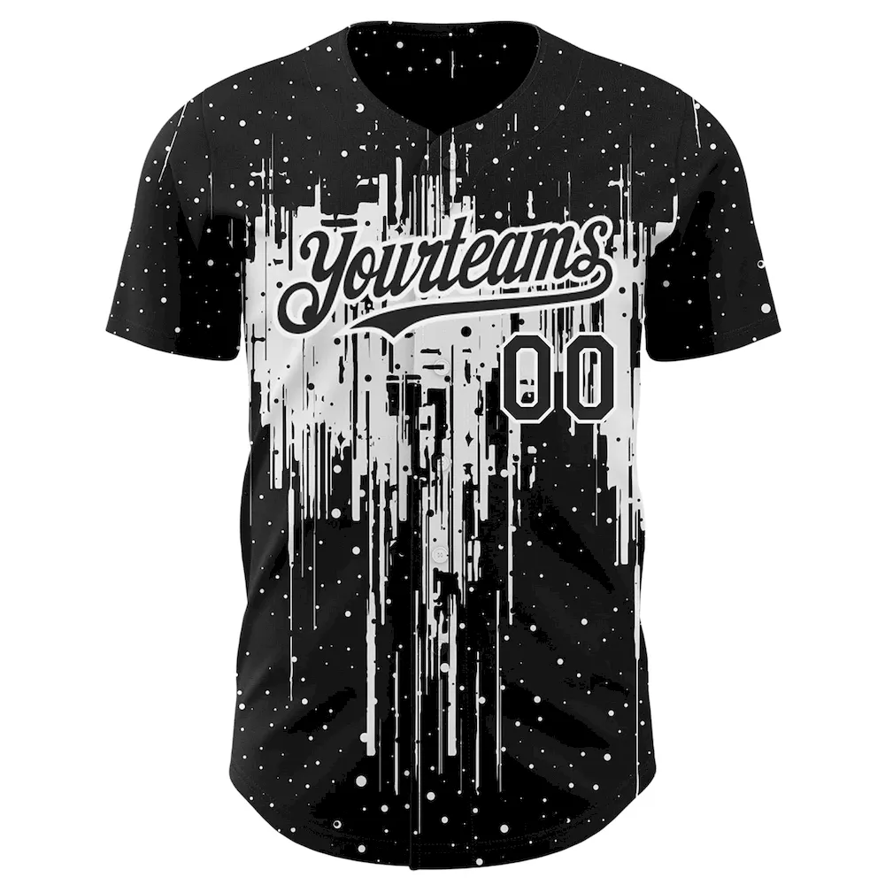 Custom Black White 3D Pattern Design Dripping Splatter Art Authentic Baseball Jersey - Image 2