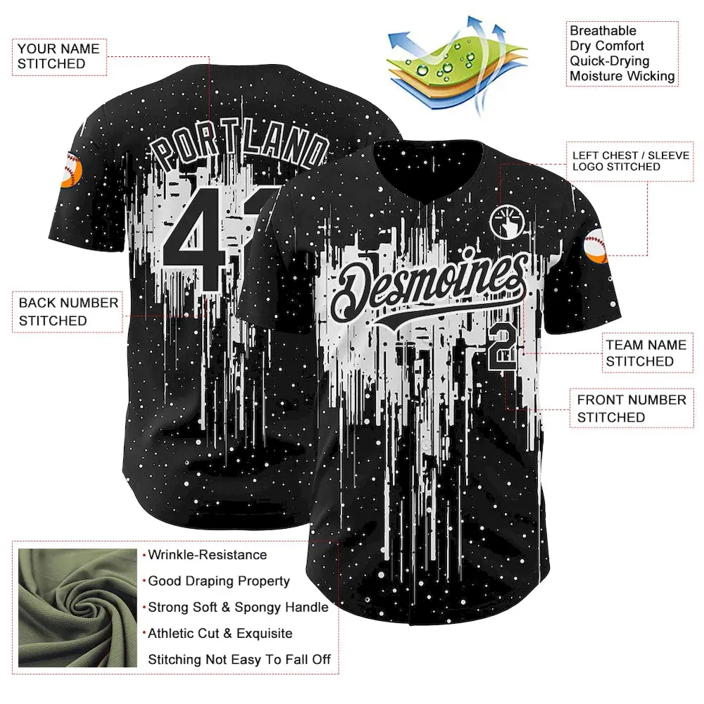 Custom Black White 3D Pattern Design Dripping Splatter Art Authentic Baseball Jersey - Image 3