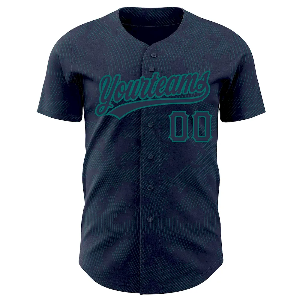 Custom Navy Teal 3D Pattern Design Curve Lines Authentic Baseball Jersey - Image 2