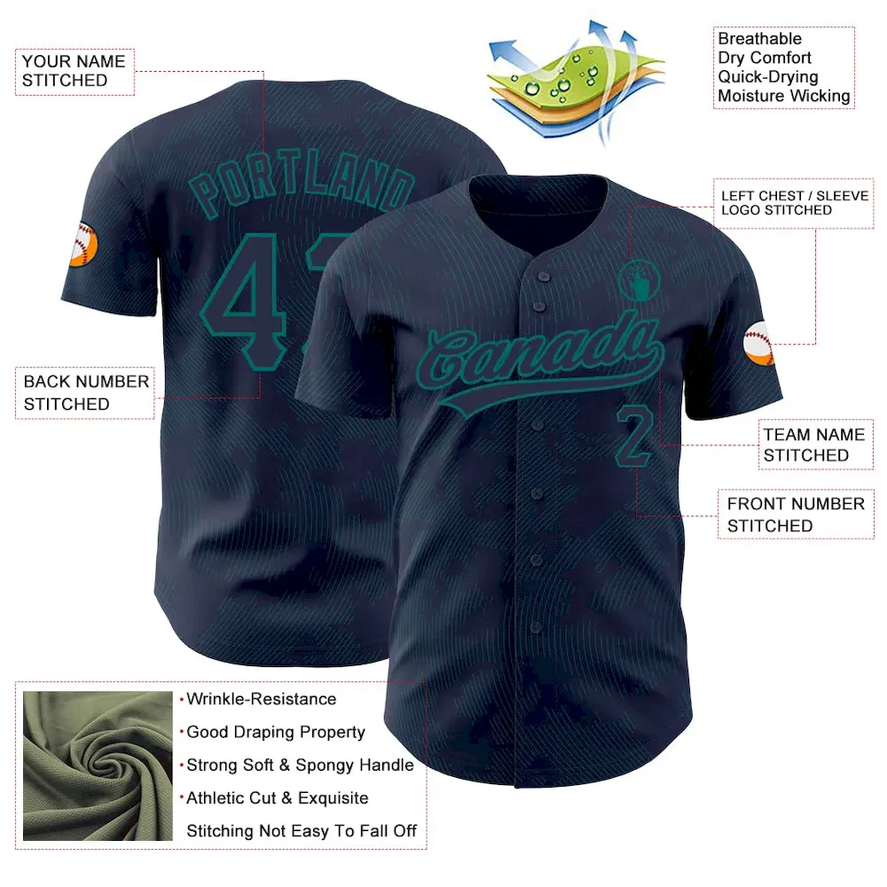 Custom Navy Teal 3D Pattern Design Curve Lines Authentic Baseball Jersey - Image 3
