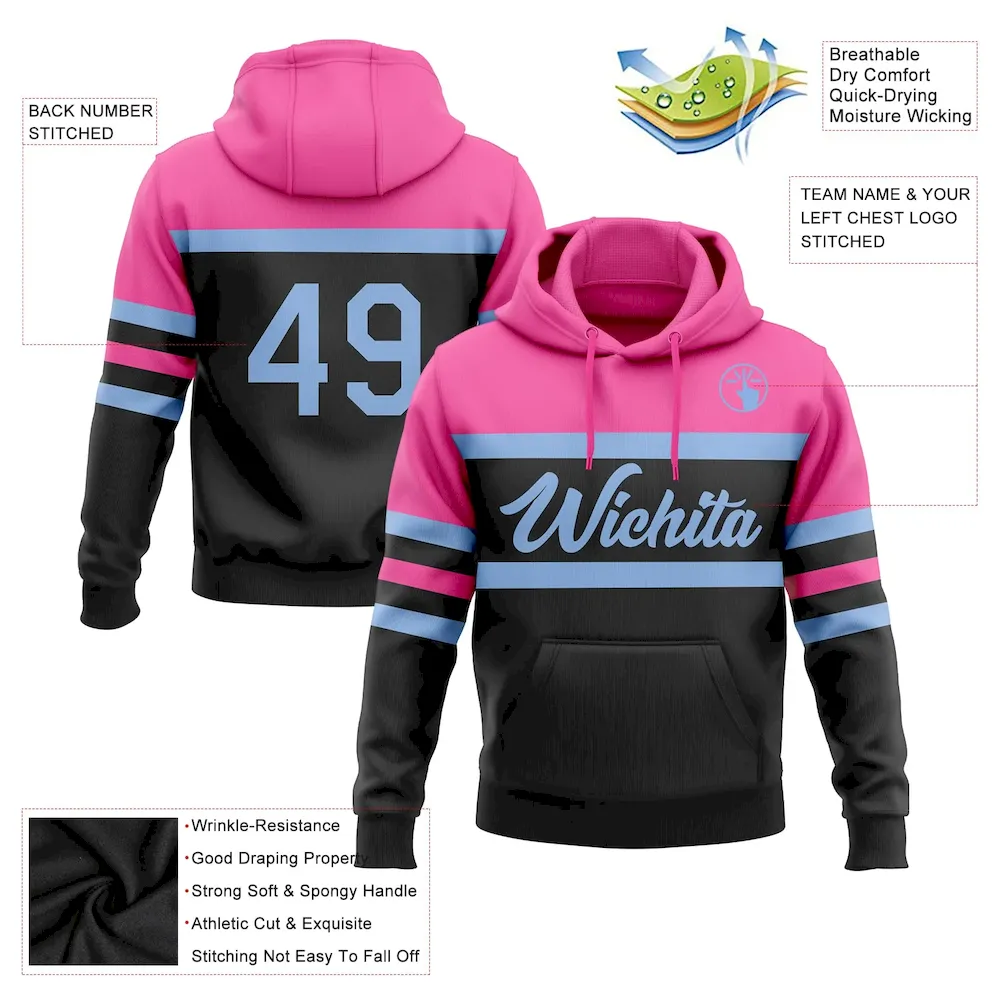 Custom Stitched Black Light Blue-Pink Line Sports Pullover Sweatshirt Hoodie - Image 2