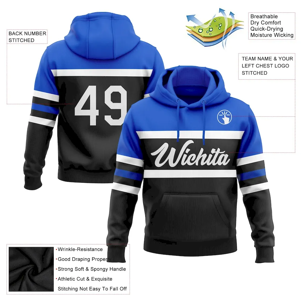 Custom Stitched Black White-Thunder Blue Line Sports Pullover Sweatshirt Hoodie - Image 2