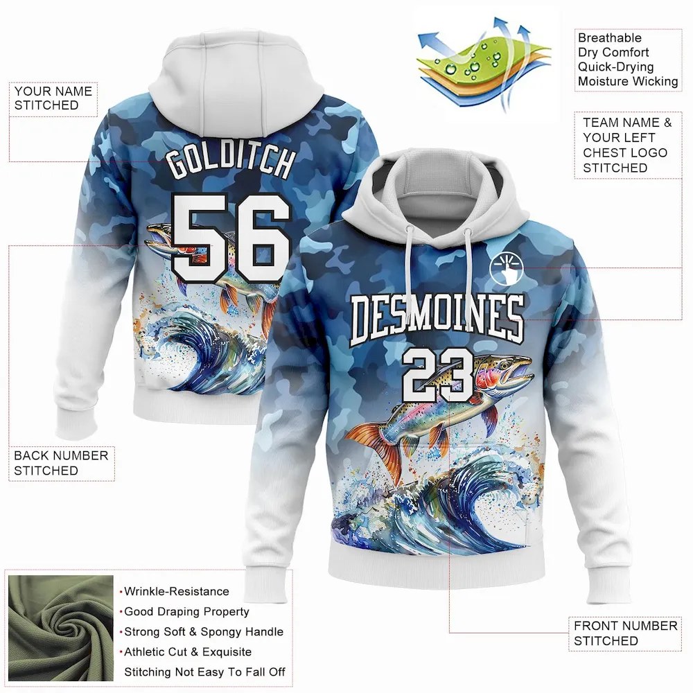 Custom Stitched Camo White-Black 3D Rainbow Trout Fish Fishing Sports Pullover Sweatshirt Hoodie - Image 2