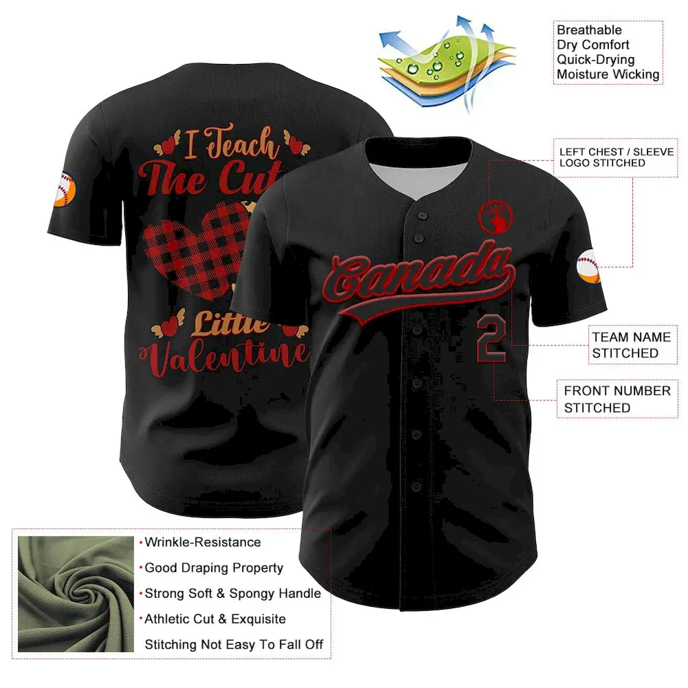 Custom Black Red 3D Love Heart Valentine's Day Authentic Baseball Jersey - Image 3