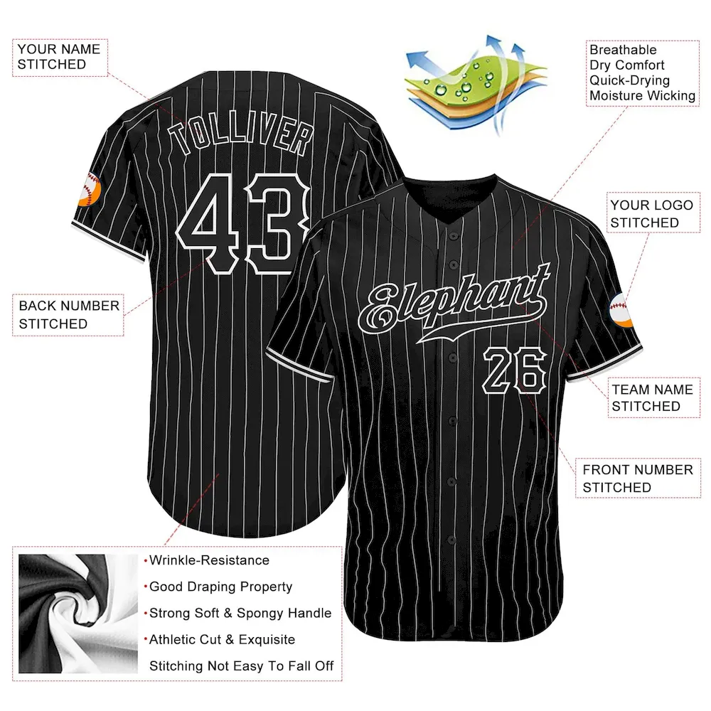 Custom Black White Pinstripe Black-White Authentic Baseball Jersey - Image 3