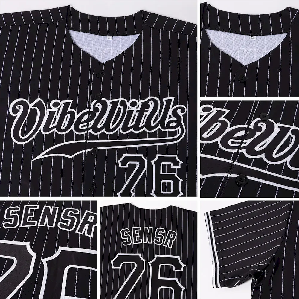 Custom Black White Pinstripe Black-White Authentic Baseball Jersey - Image 6