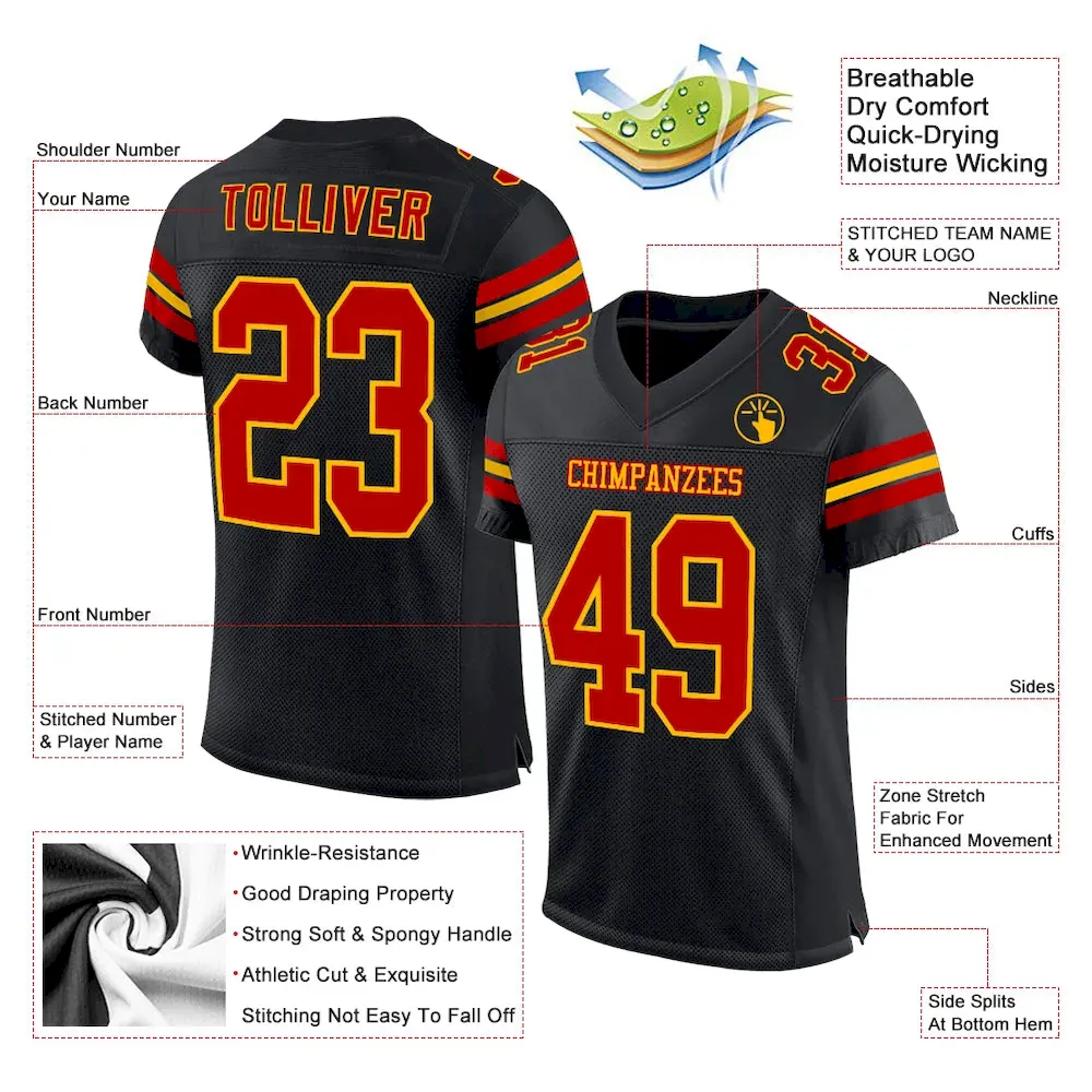 Custom Black Red-Gold Mesh Authentic Football Jersey - Image 2