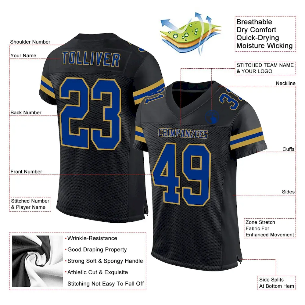 Custom Black Royal-Old Gold Mesh Authentic Football Jersey - Image 2