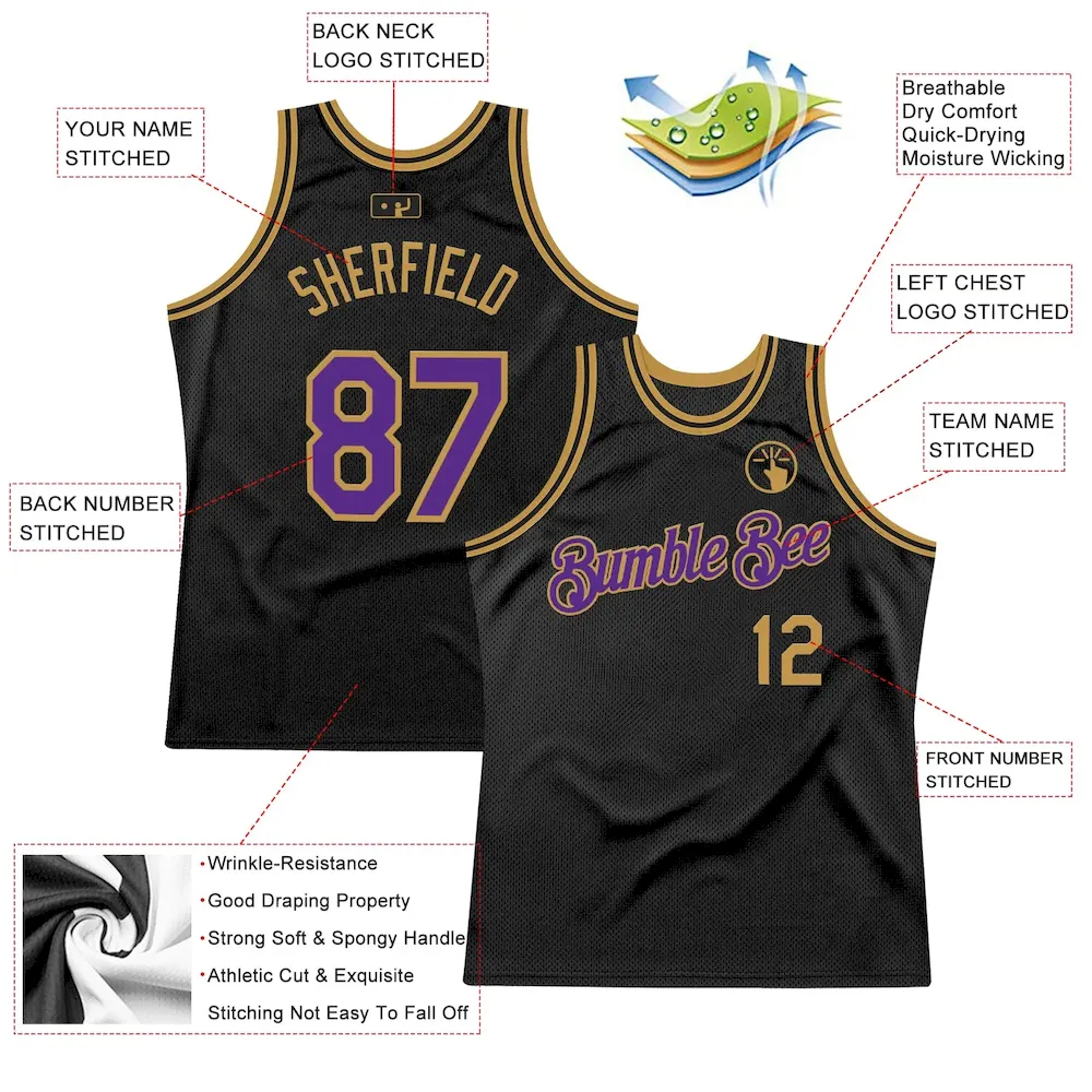 Custom Black Purple-Old Gold Authentic Throwback Basketball Jersey - Image 2