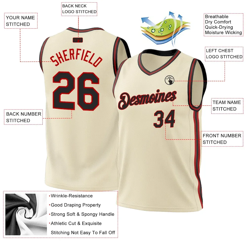 Custom Cream Black-Red Authentic Throwback Basketball Jersey - Image 3