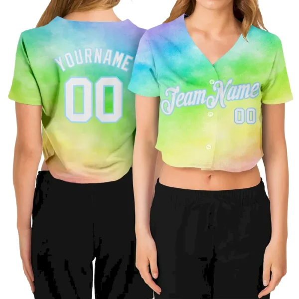 Custom Women's Tie Dye White-Light Blue Rainbow 3D V-Neck Cropped Baseball Jersey