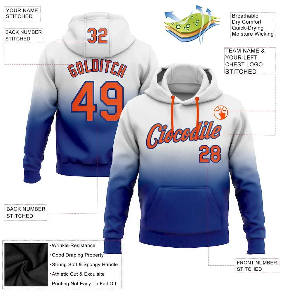 Custom Stitched White Orange-Royal Fade Fashion Sports Pullover Sweatshirt Hoodie - Image 2