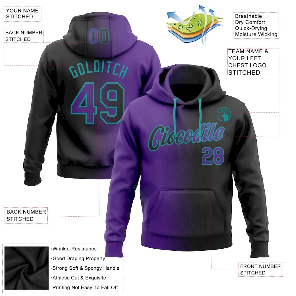 Custom Stitched Black Purple-Teal Gradient Fashion Sports Pullover Sweatshirt Hoodie - Image 2