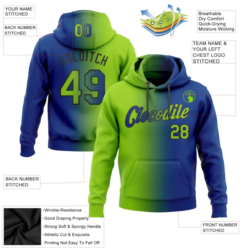 Custom Stitched Royal Neon Green-Black Gradient Fashion Sports Pullover Sweatshirt Hoodie - Image 2