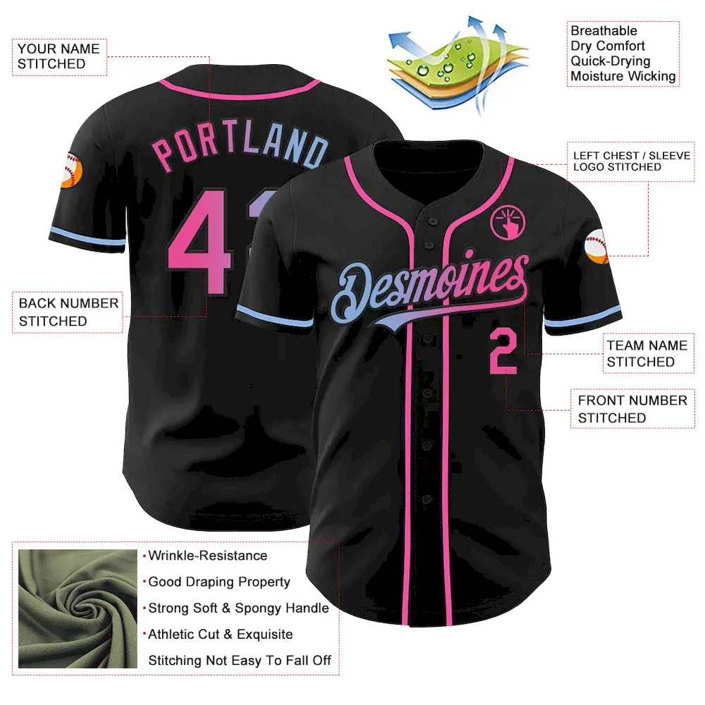 Custom Black Pink-Light Blue Authentic Gradient Fashion Baseball Jersey - Image 3