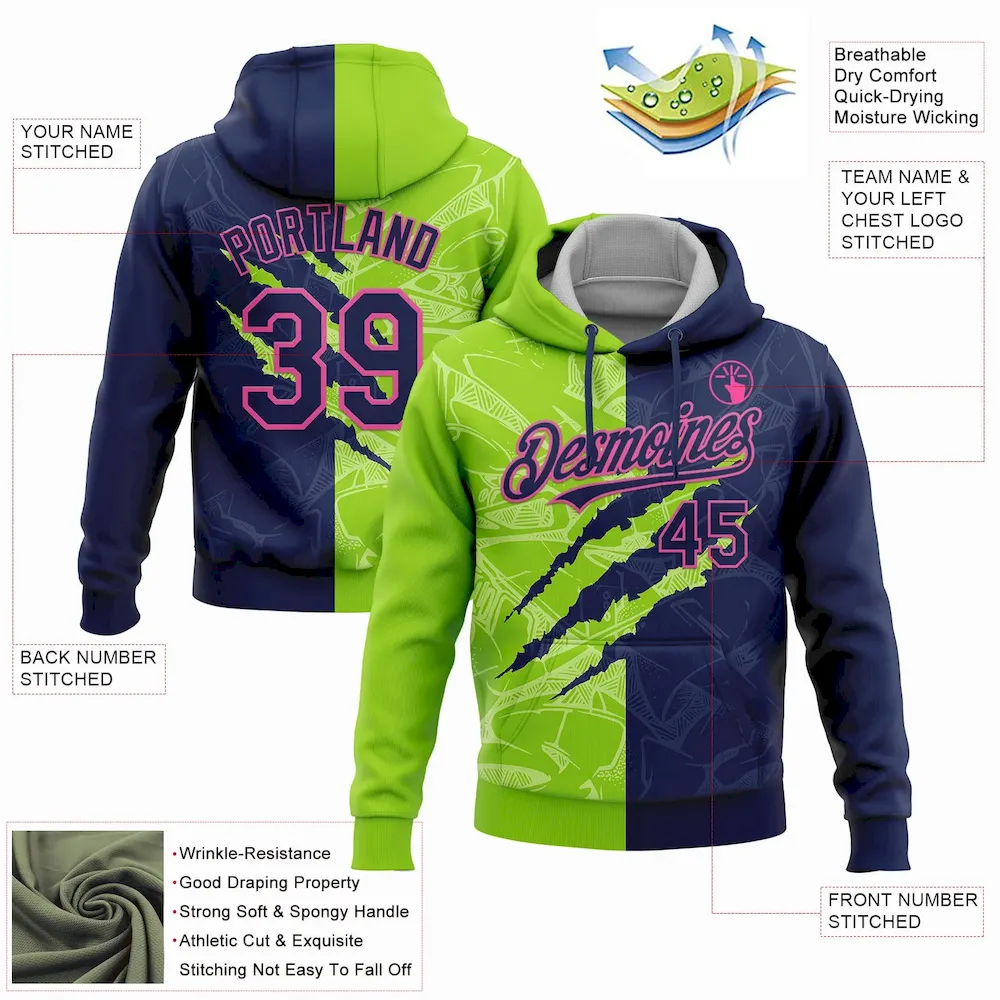 Custom Stitched Graffiti Pattern Navy Neon Green-Pink 3D Scratch Sports Pullover Sweatshirt Hoodie - Image 2