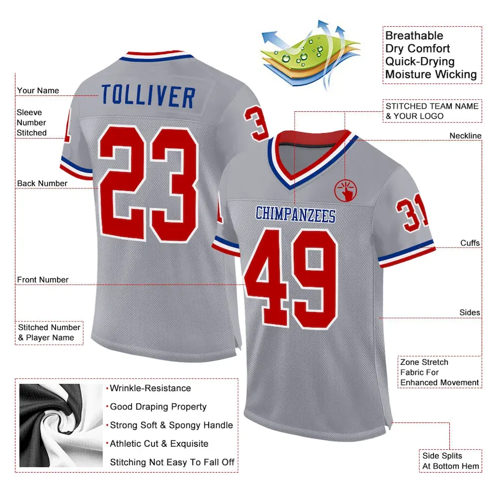 Custom Gray Red-Royal Mesh Authentic Throwback Football Jersey - Image 2