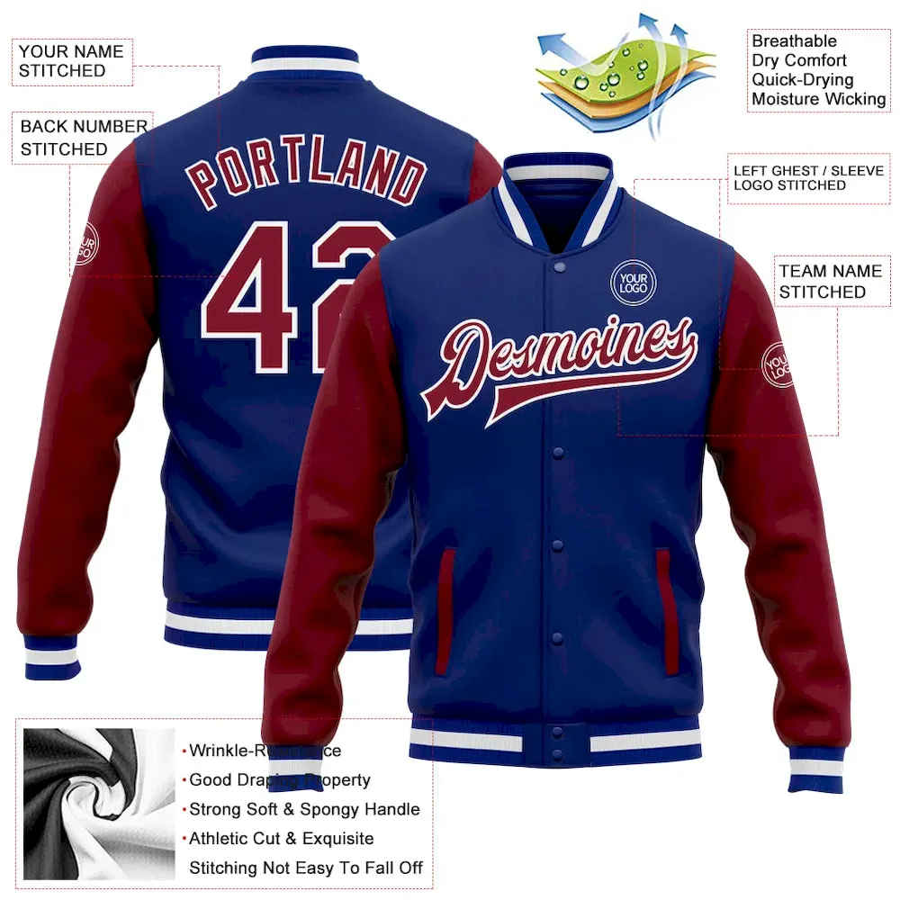 Custom Royal Blue and Red Full-Button Baseball Jacket - Image 2