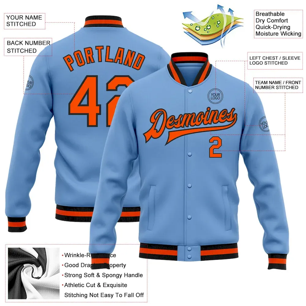 Custom Light Blue Orange-Black Bomber Full-Snap Varsity Letterman Jacket - Image 2