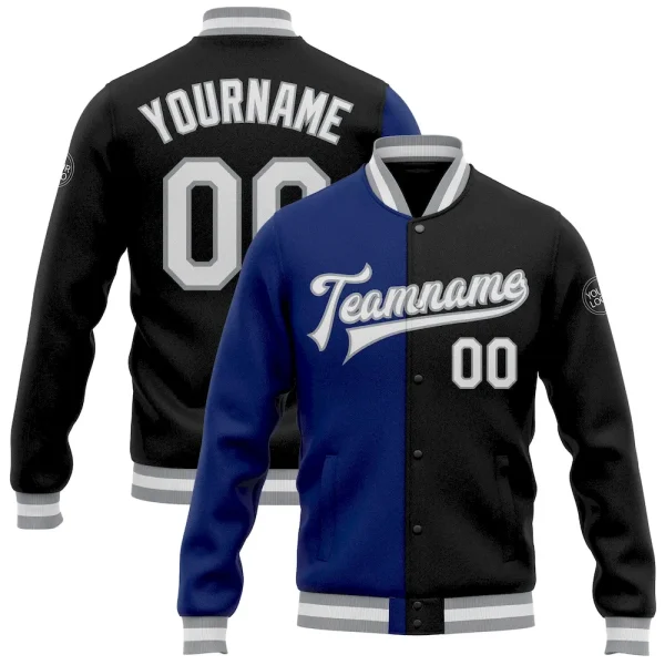 Custom Black White Royal-Gray Bomber Full-Snap Varsity Letterman Split Fashion Jacket