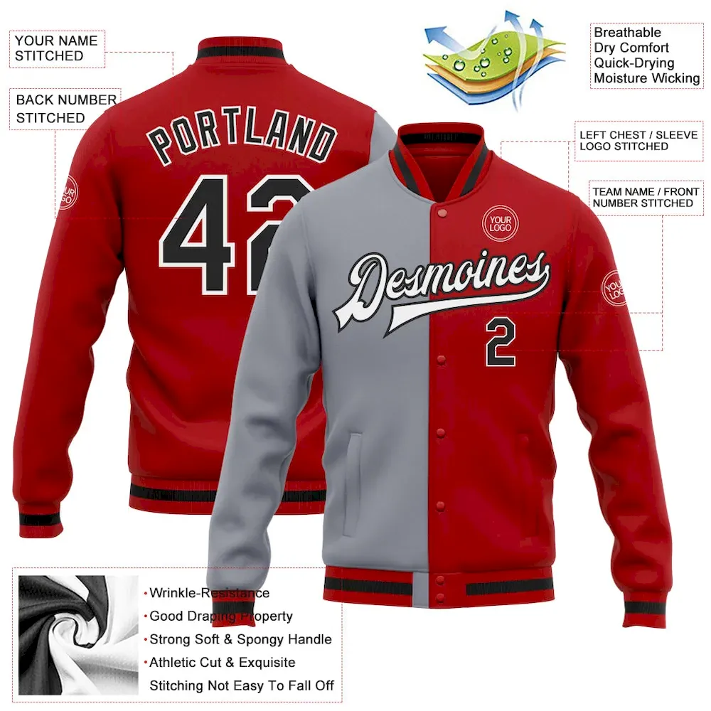 Custom Red Black-Gray Bomber Full-Snap Varsity Letterman Split Fashion Jacket - Image 2