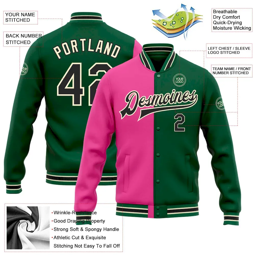 Custom Kelly Green Black Pink-Cream Bomber Full-Snap Varsity Letterman Split Fashion Jacket - Image 2