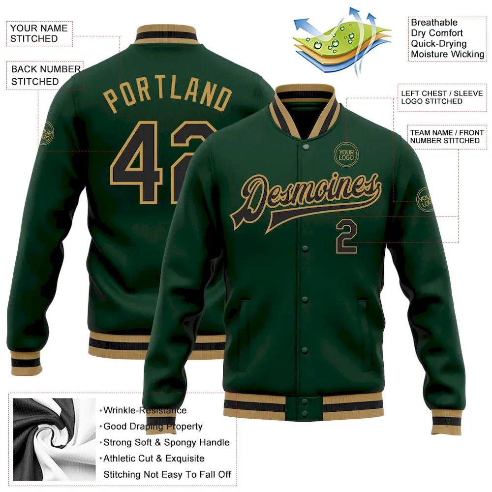 Custom Green Black-Old Gold Bomber Full-Snap Varsity Letterman Jacket - Image 2