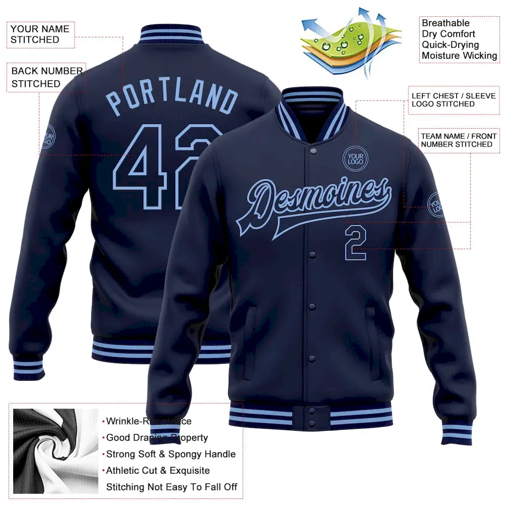 Custom Navy Light Blue Bomber Full-Snap Varsity Letterman Jacket - Image 2