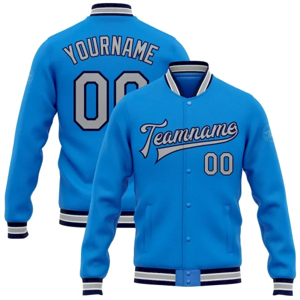 Custom-made blue/grey/navy blue pilot full-button baseball jacket