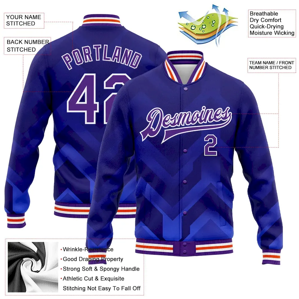Custom Royal Purple-Orange 3D Pattern Design Bomber Full-Snap Varsity Letterman Jacket - Image 2
