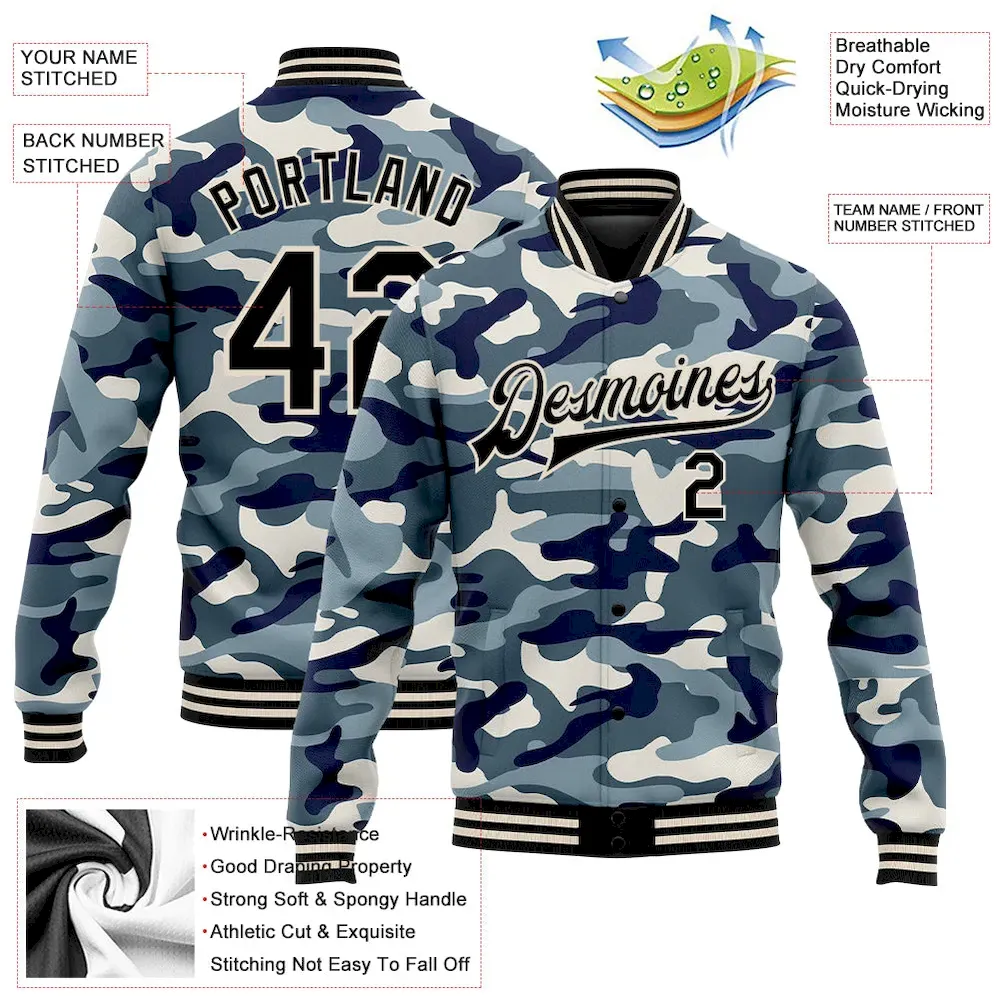Custom Camo Black-Cream Ocean Camouflage 3D Bomber Full-Snap Varsity Letterman Salute To Service Jacket - Image 2