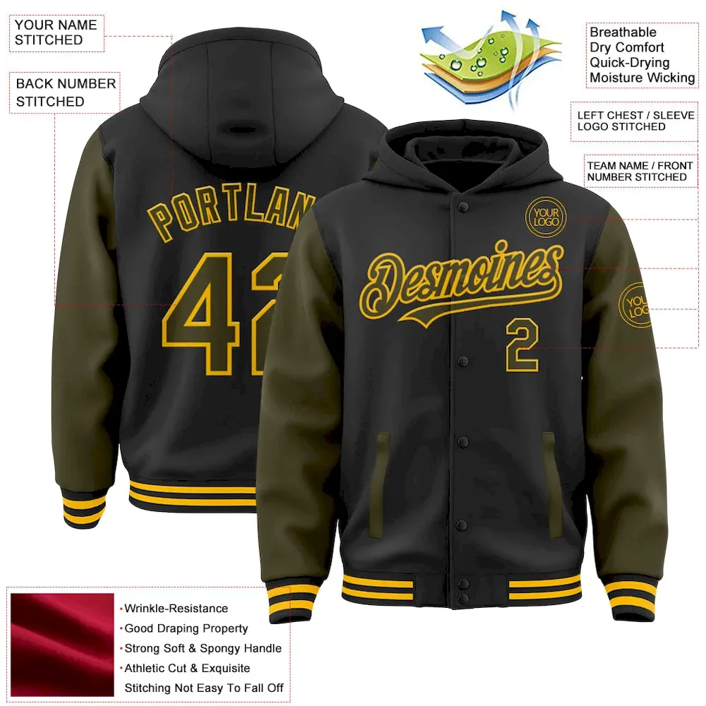 Custom Black Olive-Gold Bomber Full-Snap Varsity Letterman Two Tone Hoodie Jacket - Image 2