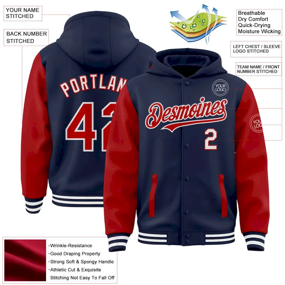 Custom Navy Red-White Bomber Full-Snap Varsity Letterman Two Tone Hoodie Jacket - Image 2
