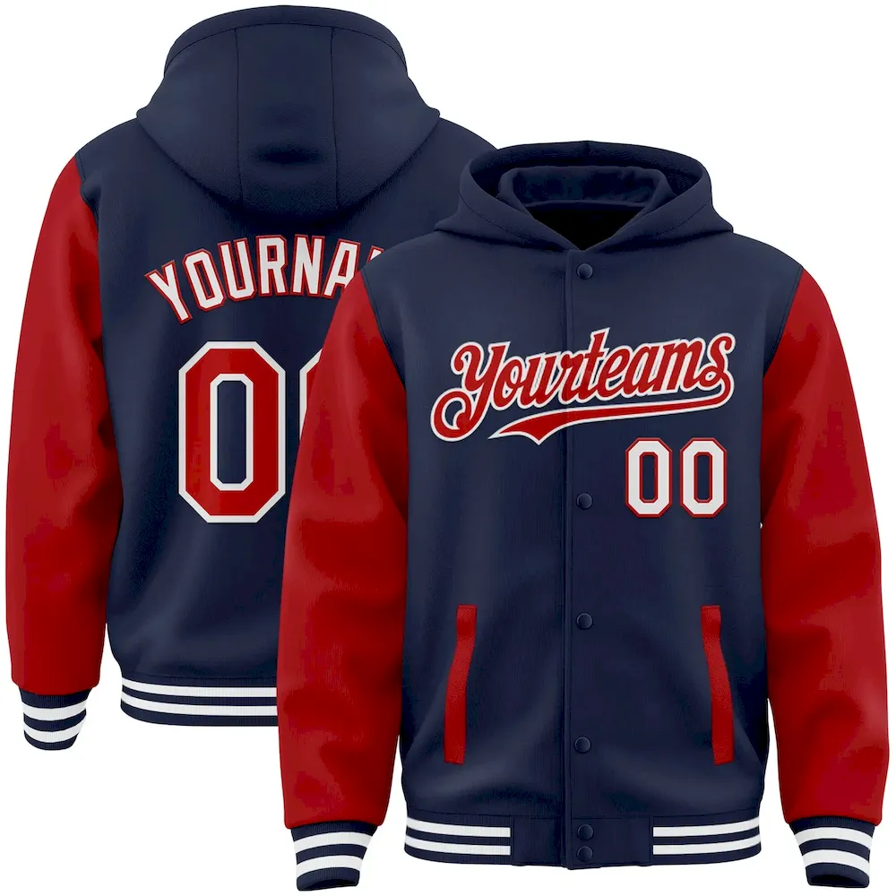 Custom Navy Red-White Bomber Full-Snap Varsity Letterman Two Tone Hoodie Jacket