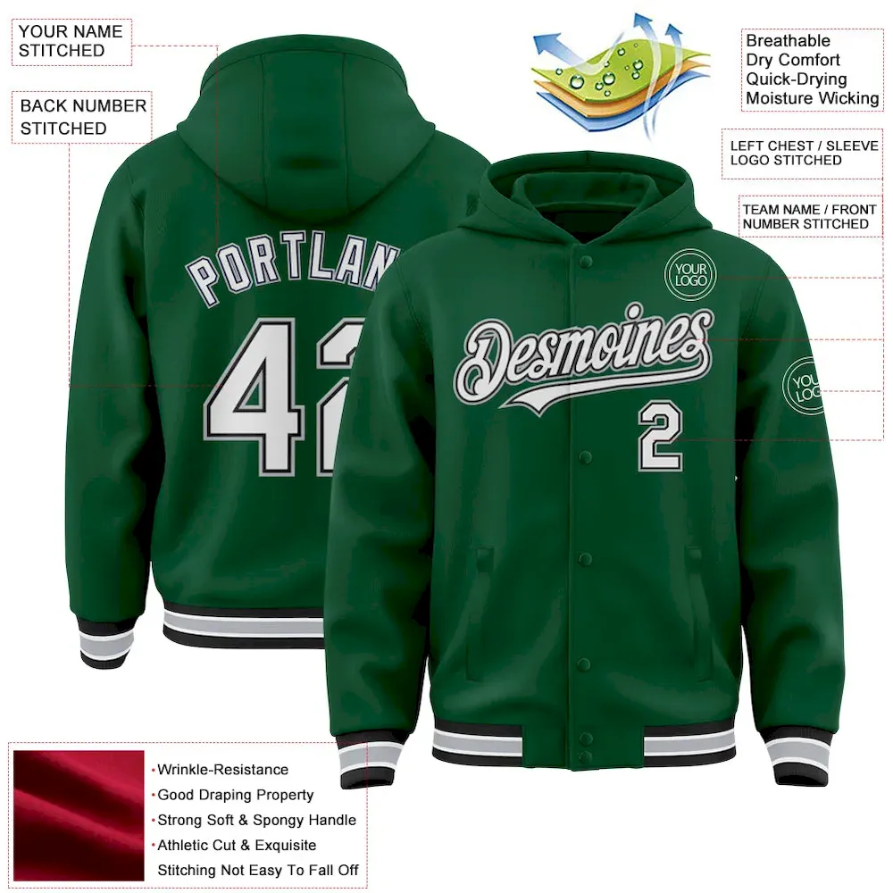 Custom Kelly Green Black-Gray Bomber Full-Snap Varsity Letterman Hoodie Jacket - Image 2
