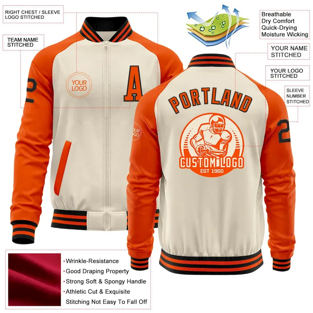 Custom Cream Black-Orange Bomber Varsity Letterman Two Tone Zipper Jacket - Image 2