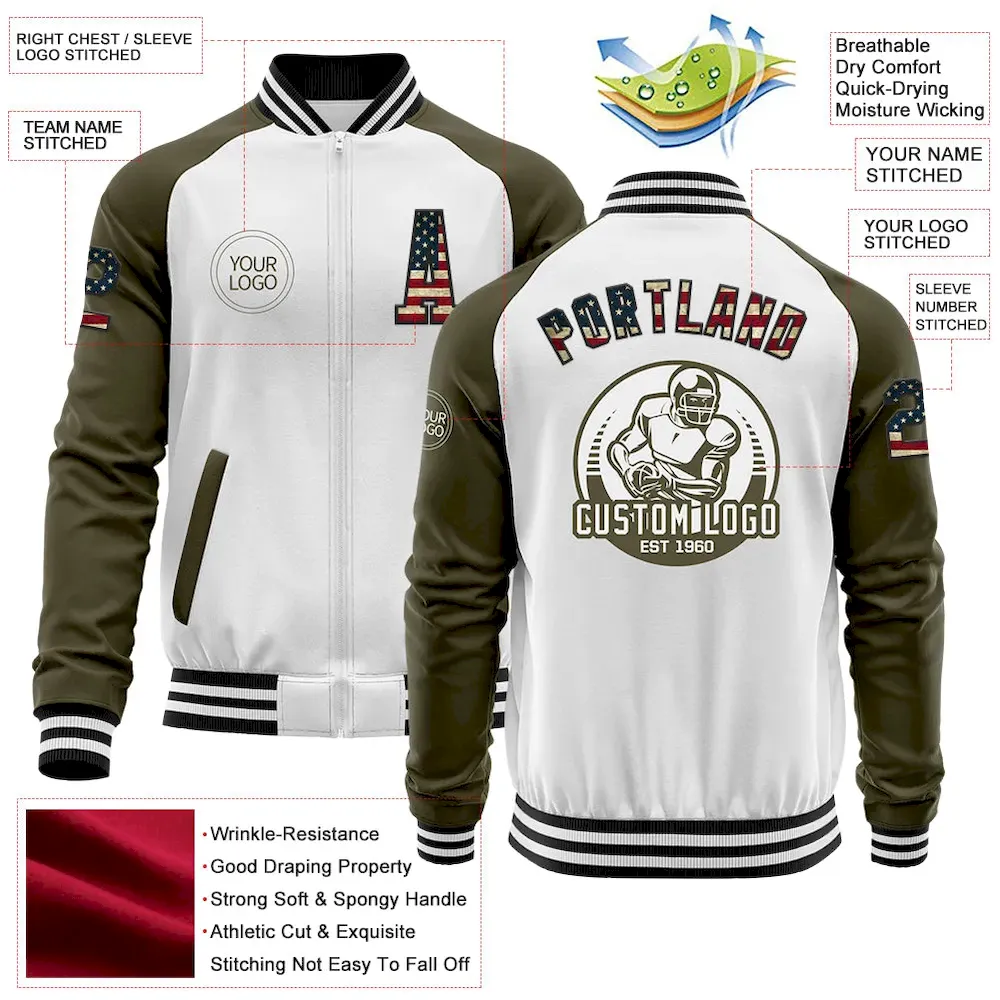 Custom White Vintage USA Flag Black-Olive Bomber Varsity Letterman Two Tone Zipper Jacket - Image 2