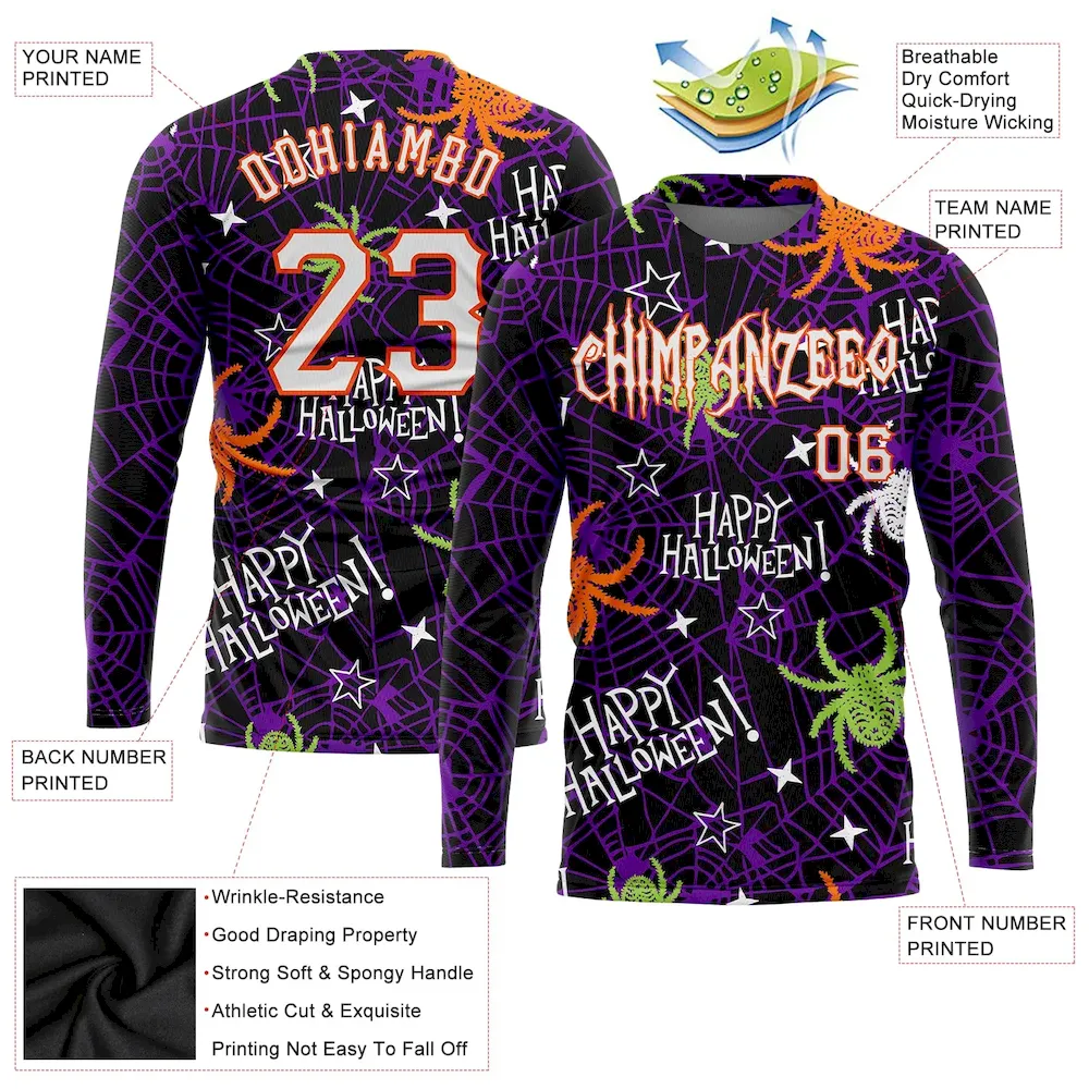 Custom 3D Pattern Happy Halloween Spiders Long Sleeve Performance T-Shirt - Image 2