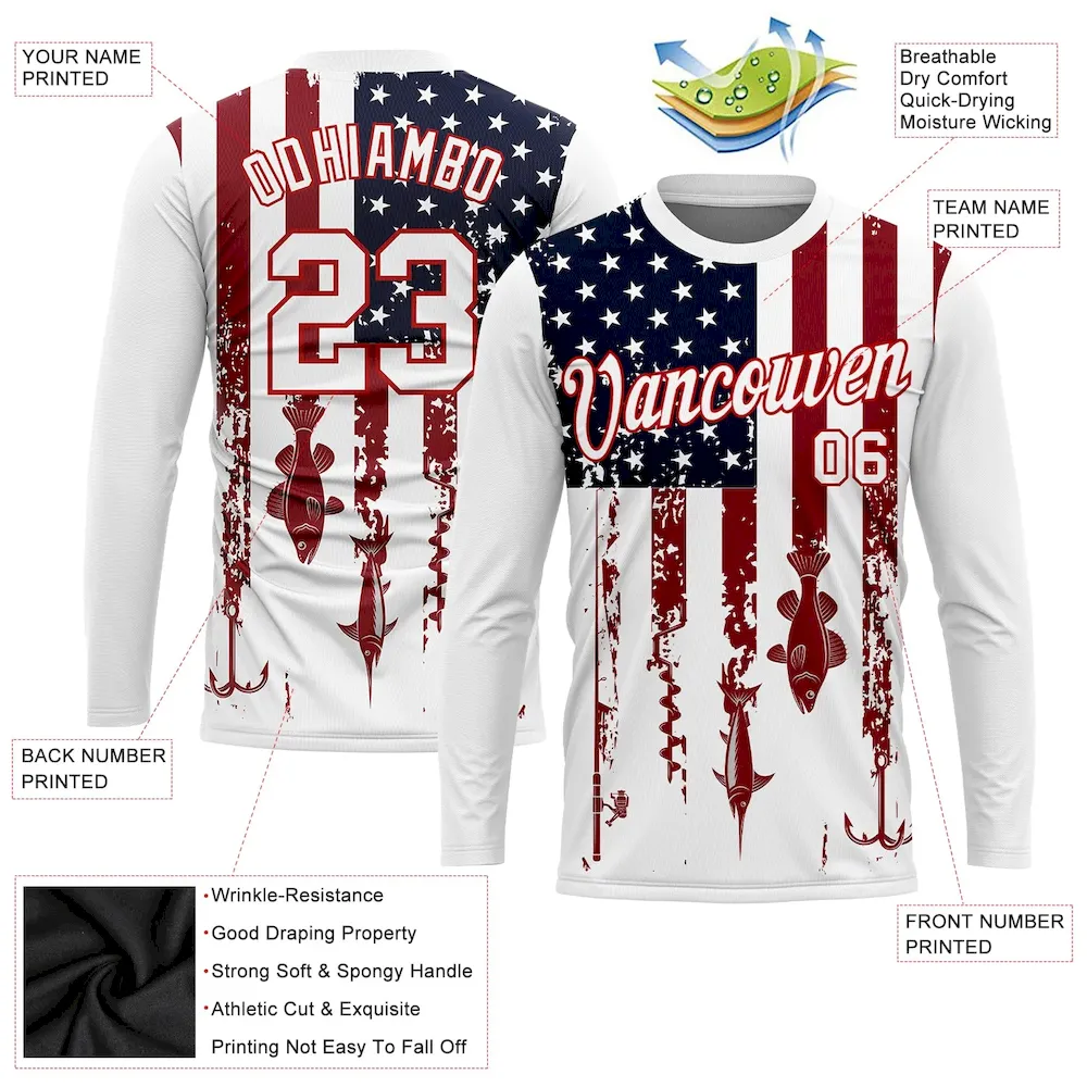 Custom White Red-Navy 3D American Flag And Fish Hook Fishing Long Sleeve Performance T-Shirt - Image 2