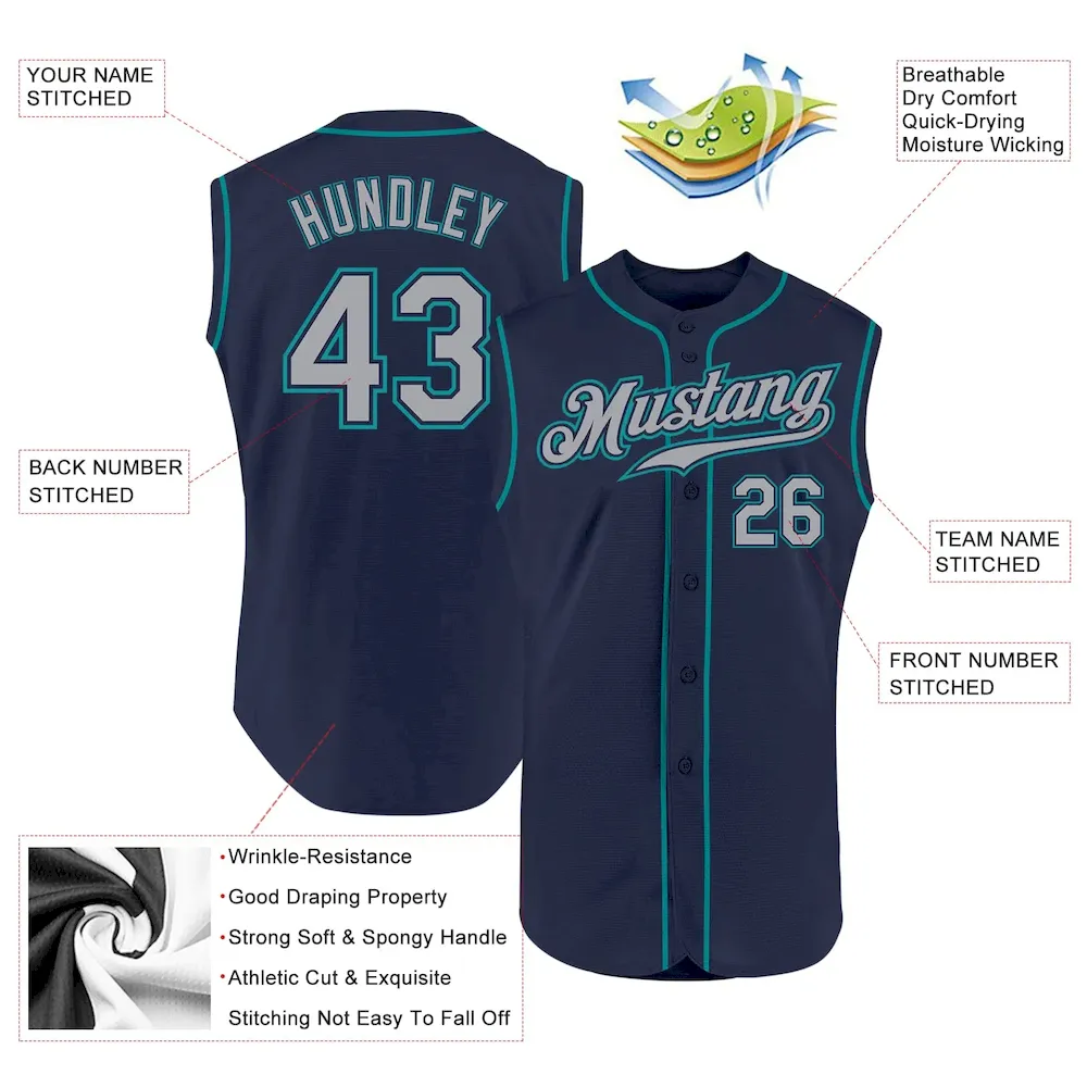 Custom Navy Gray-Teal Authentic Sleeveless Baseball Jersey - Image 2