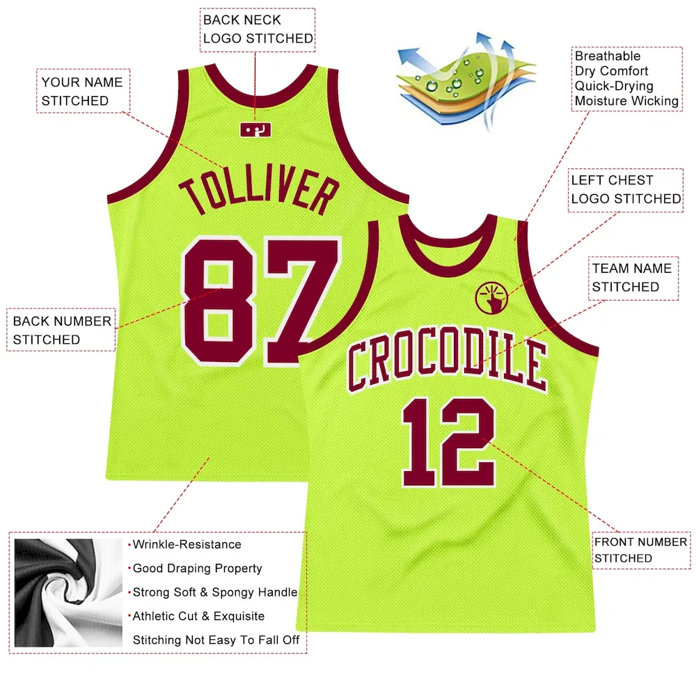 Custom Neon Green Maroon-White Authentic Throwback Basketball Jersey - Image 2