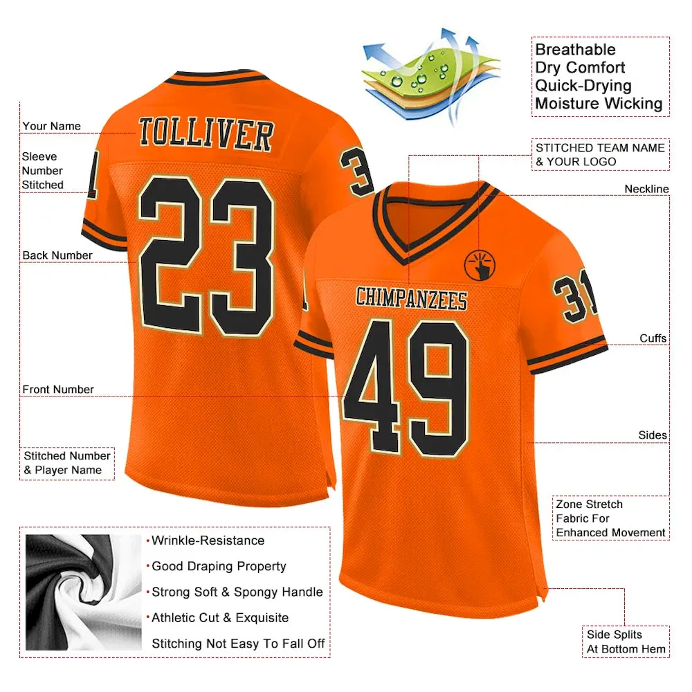 Custom Orange Black-Old Gold Mesh Authentic Throwback Football Jersey - Image 2