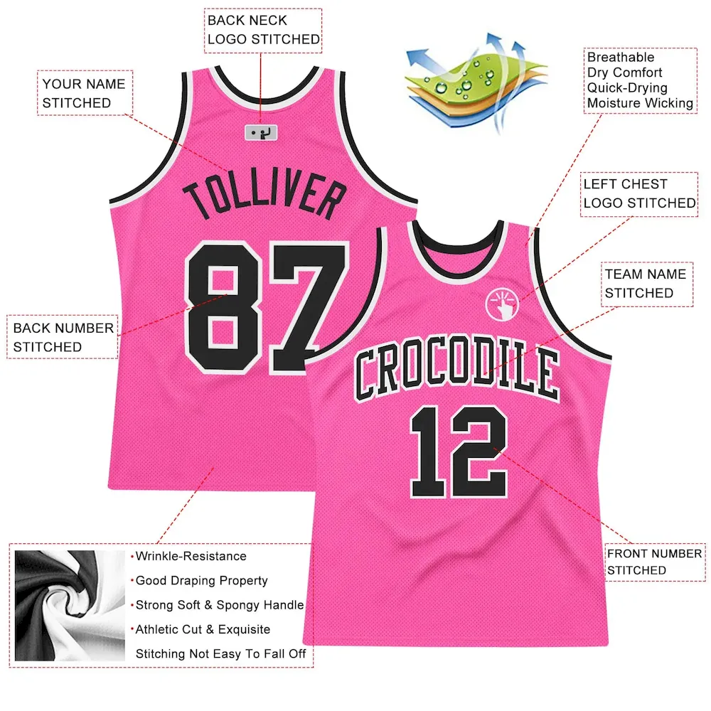 Custom Pink Black-White Authentic Throwback Basketball Jersey - Image 2