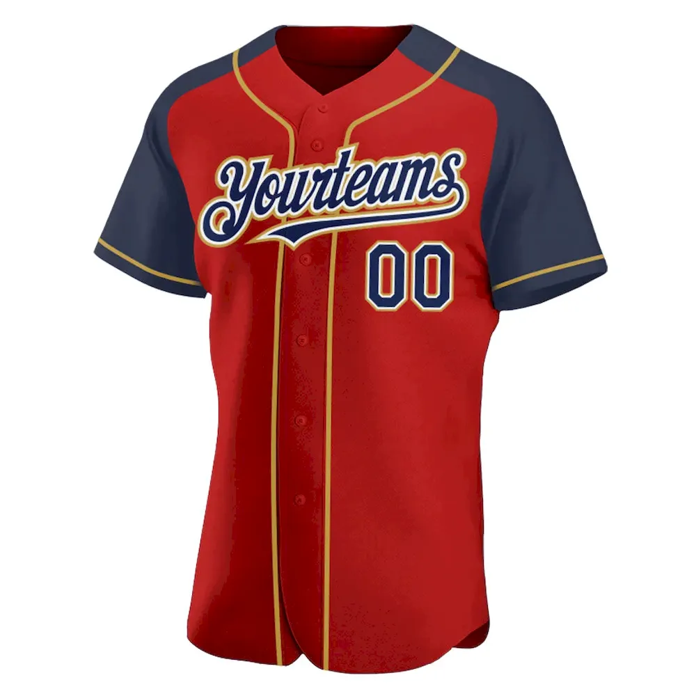 Custom Red Navy-Old Gold Authentic Raglan Sleeves Baseball Jersey - Image 2