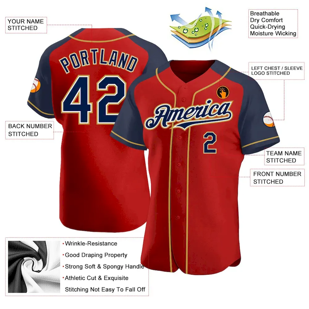 Custom Red Navy-Old Gold Authentic Raglan Sleeves Baseball Jersey - Image 3