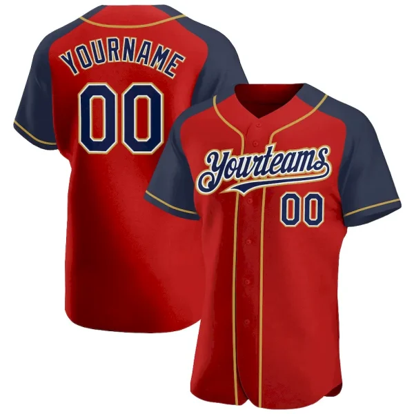 Custom Red Navy-Old Gold Authentic Raglan Sleeves Baseball Jersey