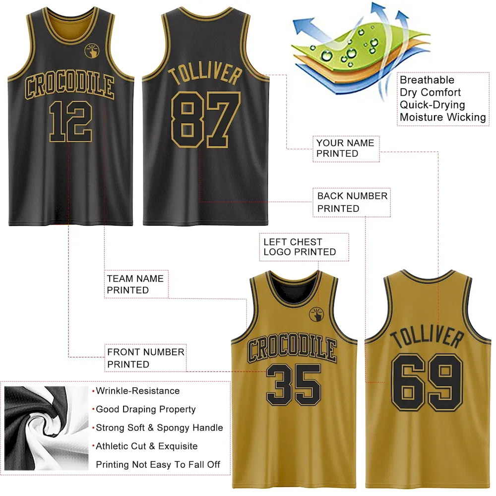 Custom Reversible Black Old Gold Double Side Basketball Jersey - Image 5