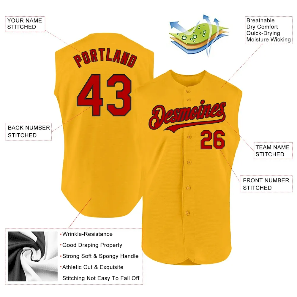Custom Gold Red-Black Authentic Sleeveless Baseball Jersey - Image 2