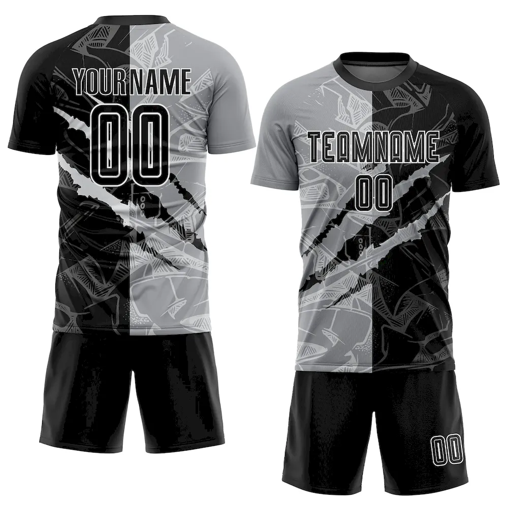 Custom Graffiti Pattern Black-Gray Scratch Sublimation Soccer Uniform Jersey - Image 2