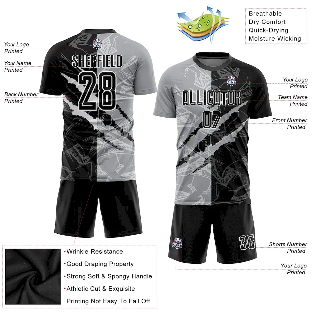Custom Graffiti Pattern Black-Gray Scratch Sublimation Soccer Uniform Jersey - Image 3